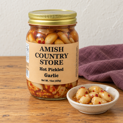 Amish Country Store Hot Pickled Garlic,15oz jar beside garlic cloves in chili-flecked brine.