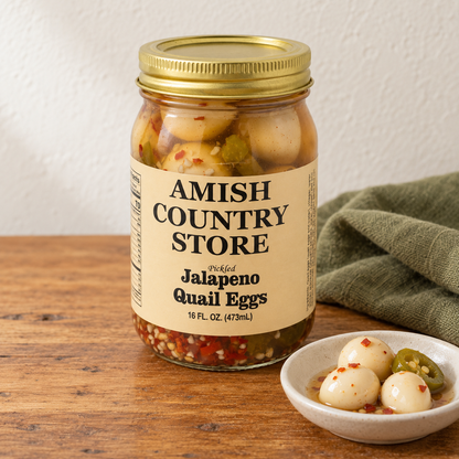 Pickled Jalapeño Quail Eggs (16 oz) in its original labeled jar with a small serving beside it on a warm wood table.