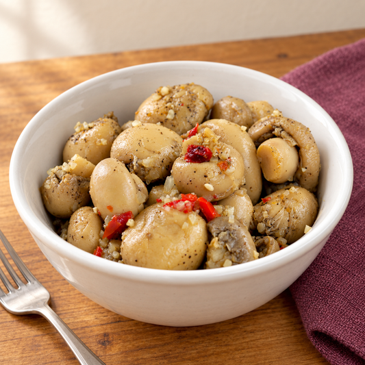 A serving of Jake & Amos marinated mushrooms with visible garlic, red pepper pieces and seasoning in an ivory bowl on a warm wood table.