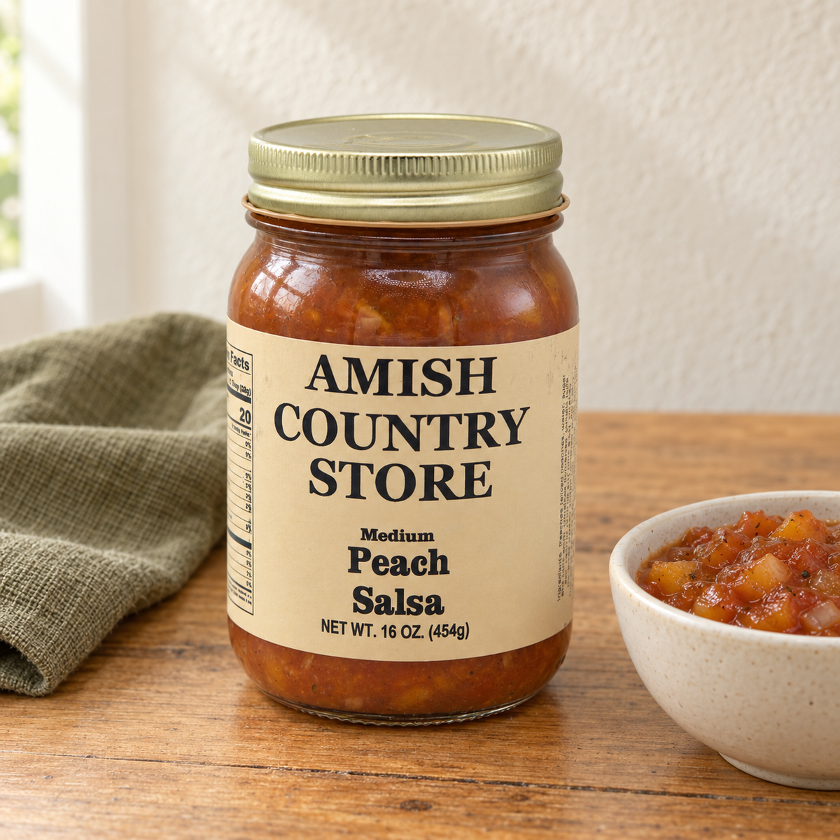 Peach Salsa in its original labeled jar with a small serving beside it on a warm wood table.
