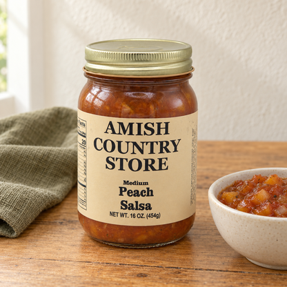 Peach Salsa in its original labeled jar with a small serving beside it on a warm wood table.