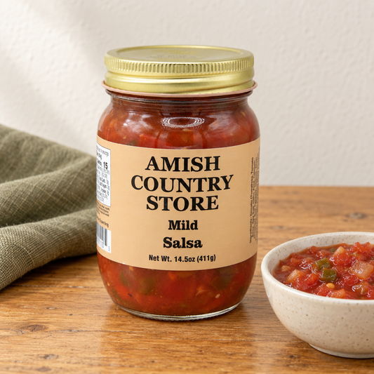 Amish Country Store Mild Salsa,14.5oz jar beside cooked chunky salsa.