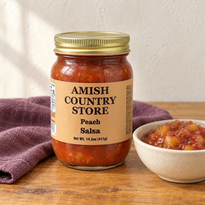 Old-Fashioned Peach Salsa in its original labeled jar with a small serving beside it on a warm wood table.
