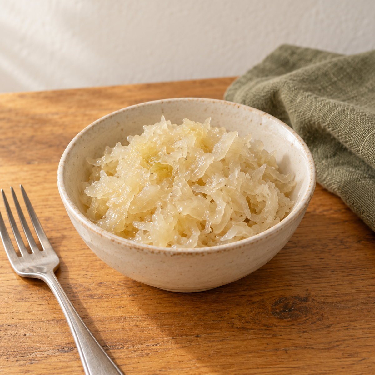 A serving of pale shredded Old-Fashioned Sauerkraut in an ivory bowl on a wooden table.