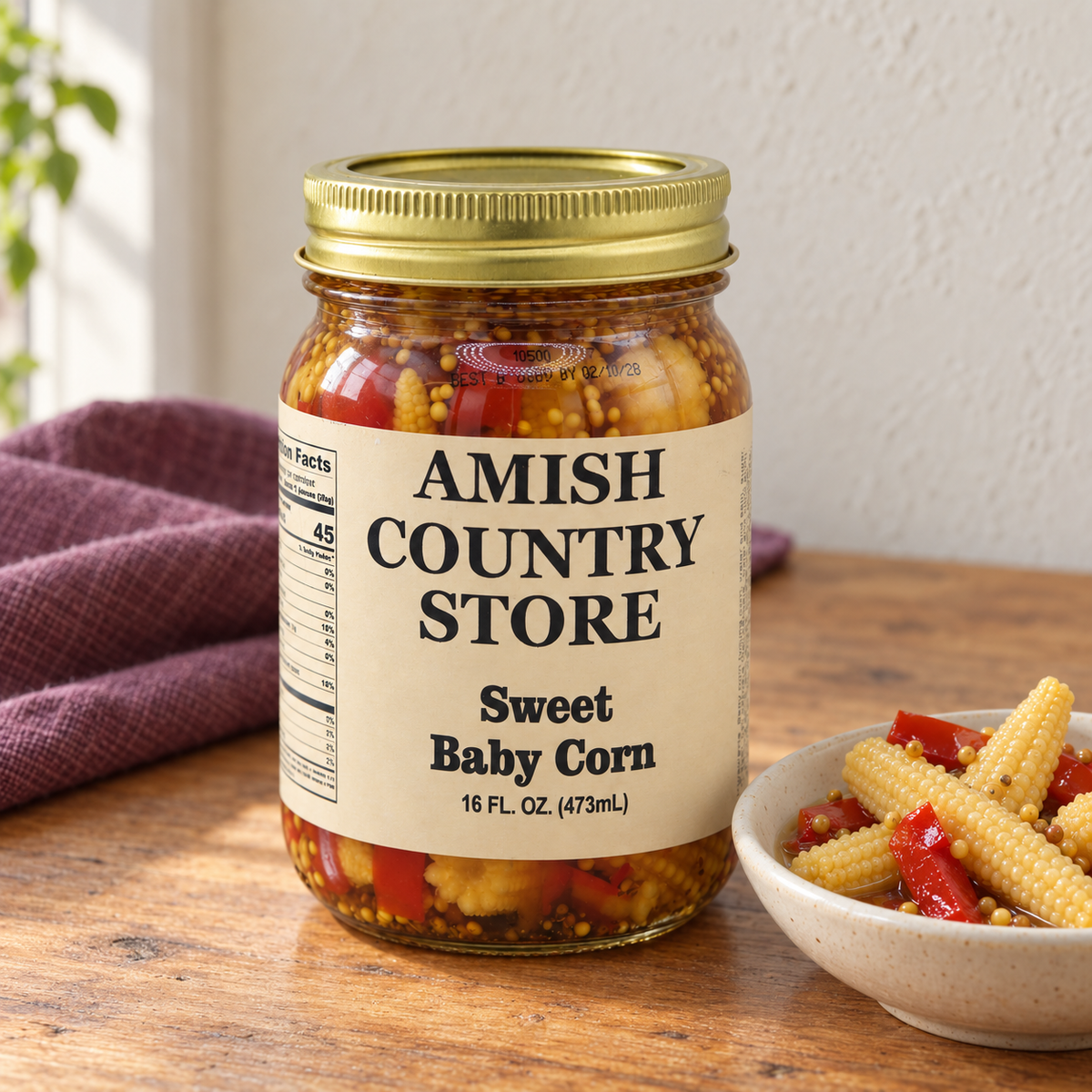 Sweet Baby Corn in its original labeled jar with a small serving beside it on a warm wood table.