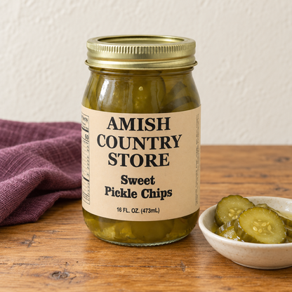 Amish Country Store Sweet Pickle Chips,16fl oz jar beside cucumber pickle coins.