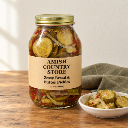 Amish Country Store Zesty Bread & Butter Pickles,32fl oz jar beside pickle chips, onion and brine seasonings.
