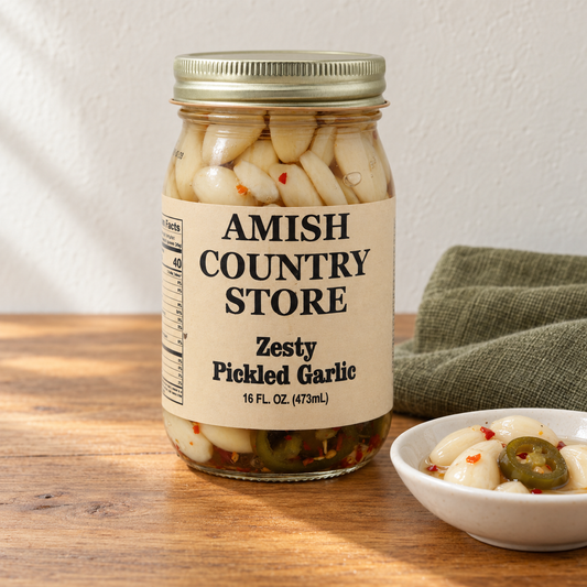 Zesty Pickled Garlic in its original labeled jar with a small serving beside it on a warm wood table.