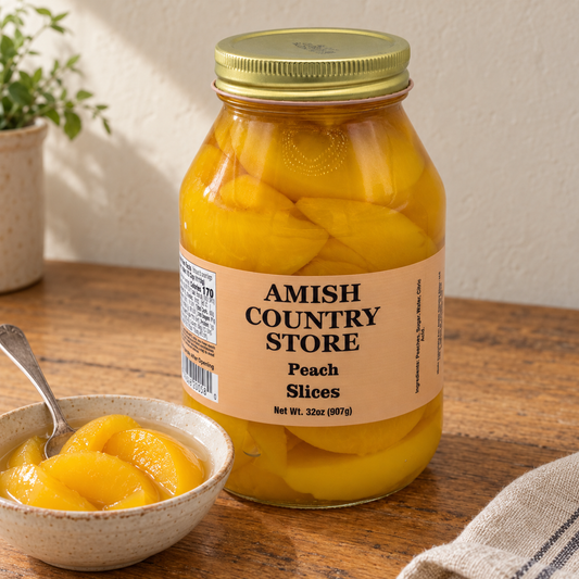 32 oz Amish Country Store Peach Slices jar beside a bowl of tender sliced peaches in syrup.