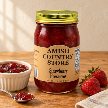 Old-Fashioned Strawberry Preserves (19oz); 19 oz package shown beside a serving.