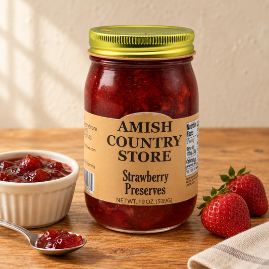 Old-Fashioned Strawberry Preserves (19oz); 19 oz package shown beside a serving.
