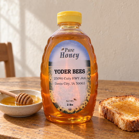 100% Pure Amish Honey – Yoder Bees; 2 lbs package shown beside a serving.
