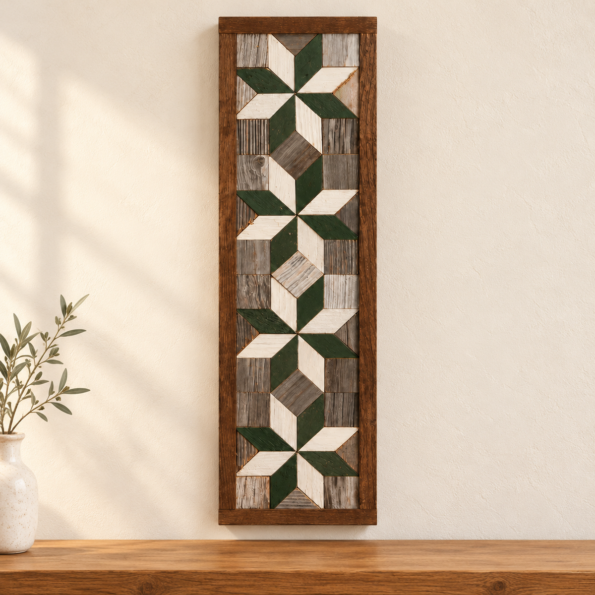 20.5 × 6-inch four-star barn quilt S7, green and white displayed against an ivory wall with warm wood styling.