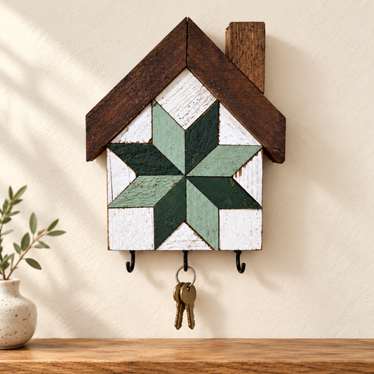 8 × 8-inch house-shaped barn quilt key holder KH-06 Sage and Forest Green, three hooks displayed against an ivory wall with warm wood styling.