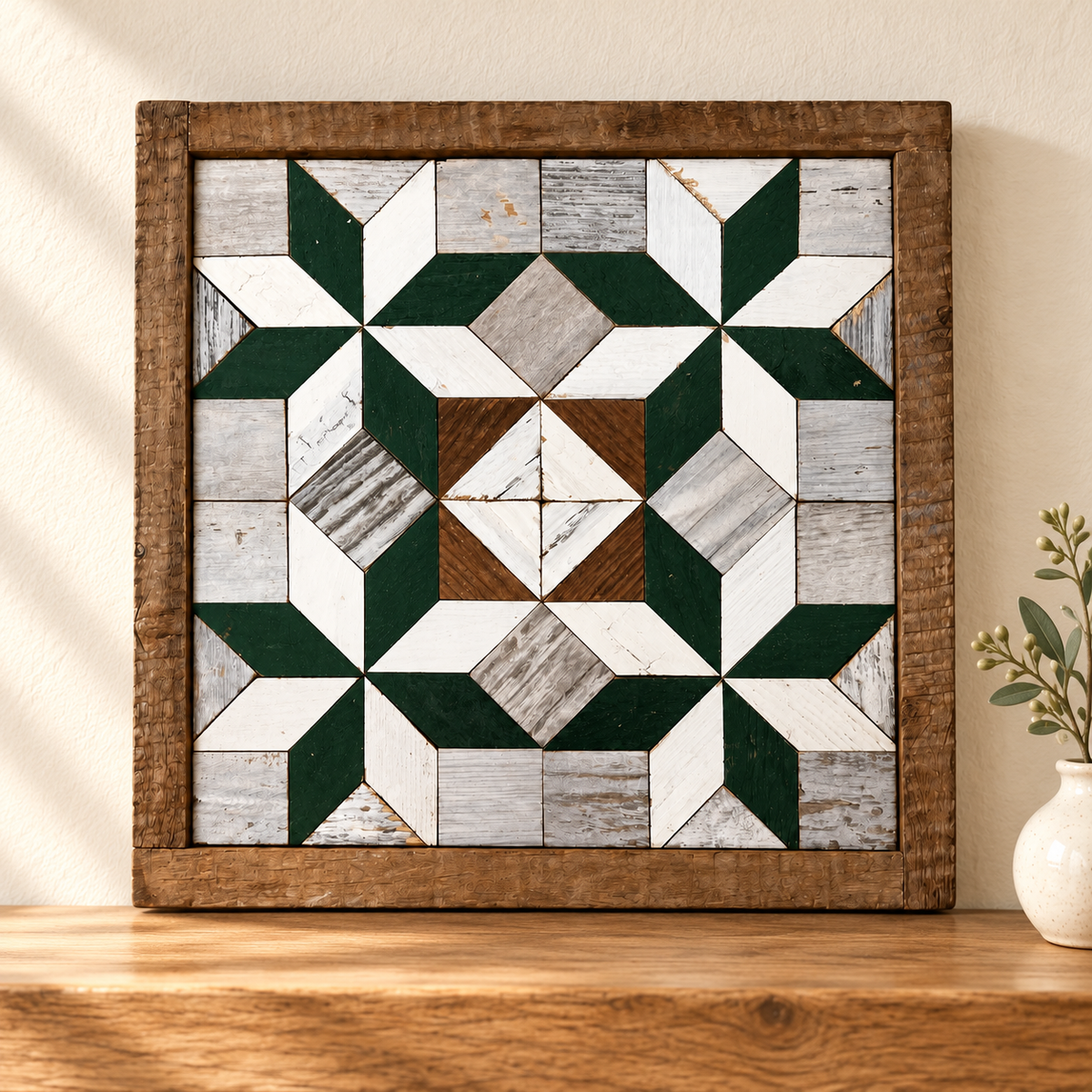 10.5-inch square barn quilt Green and White S810 displayed against an ivory wall with warm wood styling.