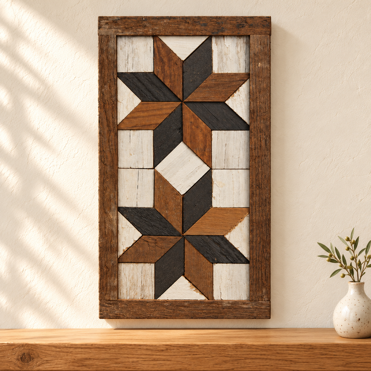 10.75 × 6-inch two-star barn quilt S3, black and natural wood displayed against an ivory wall with warm wood styling.