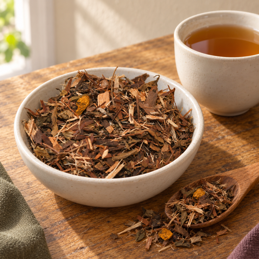 Aches & Pains loose-leaf herbal tea blend beside a cup of tea; serving suggestion.