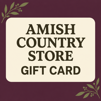 Amish Country Store digital gift card graphic in cream, plum and olive.