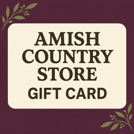 Amish Country Store digital gift card graphic in cream, plum and olive.