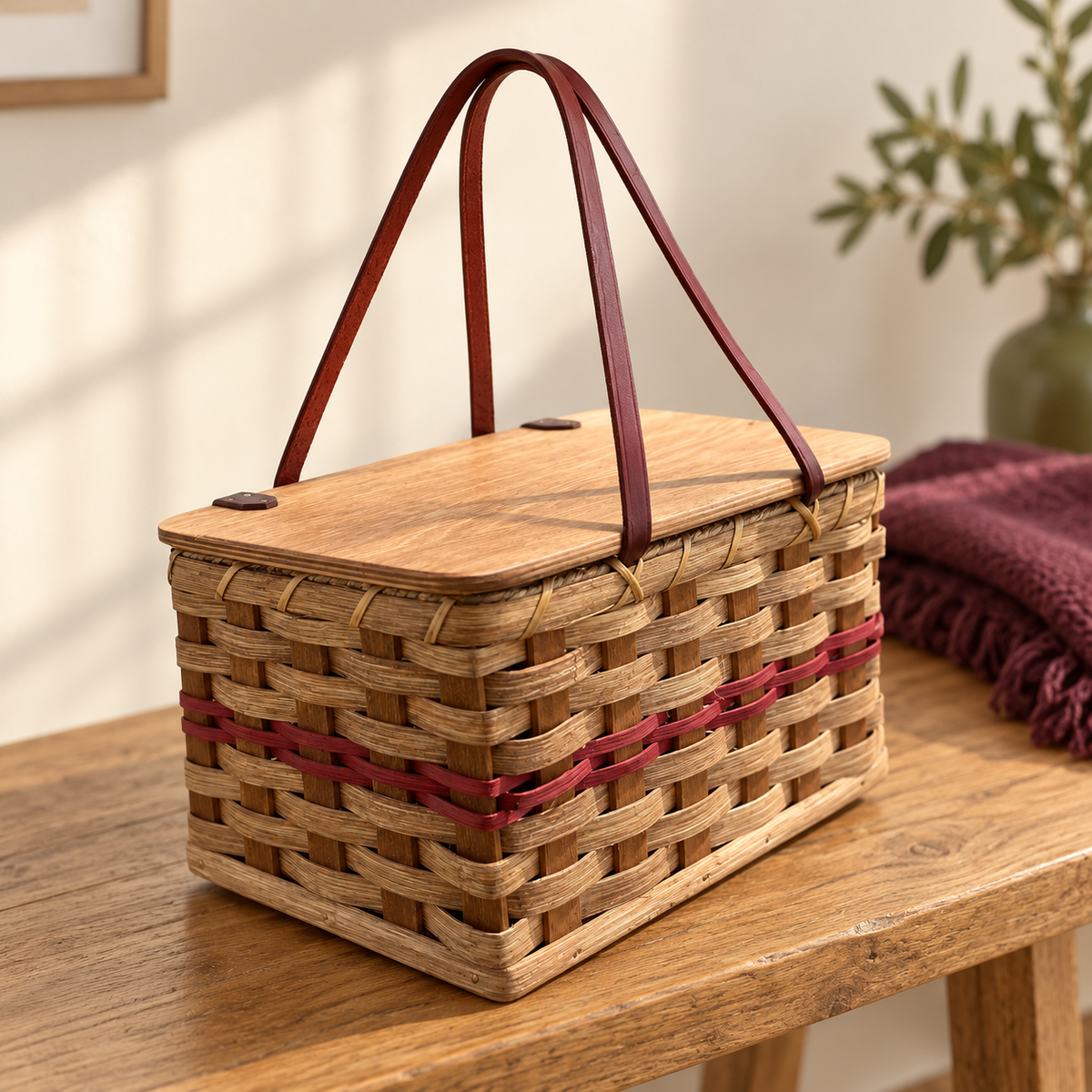 Amish handwoven basket in the red-accent option with leather handles and wooden lid.