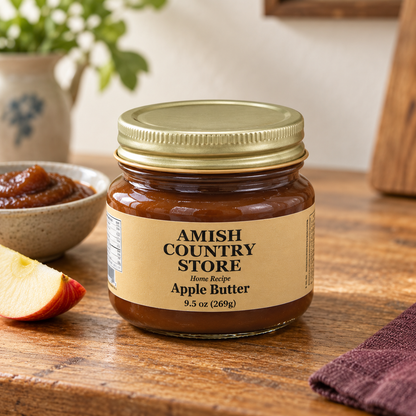 Amish Country Store Home Recipe Apple Butter 9.5 oz (269g) jar with its prepared contents on warm wood.