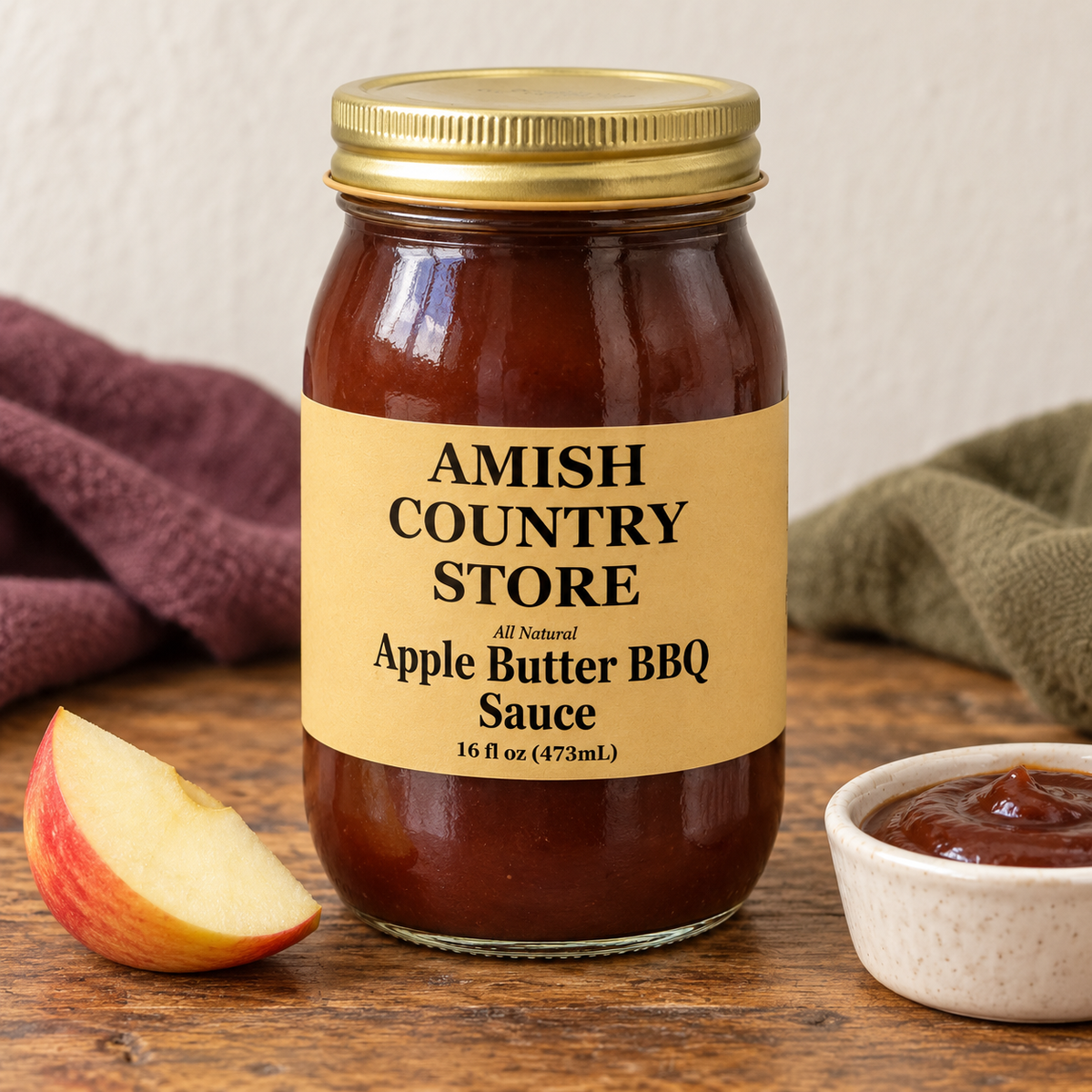 Amish Country Store All Natural Apple Butter BBQ Sauce 16 fl oz (473mL) with its prepared contents.
