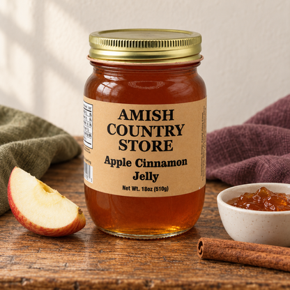 Amish Country Store Apple Cinnamon Jelly 18oz (510g) with its prepared contents.