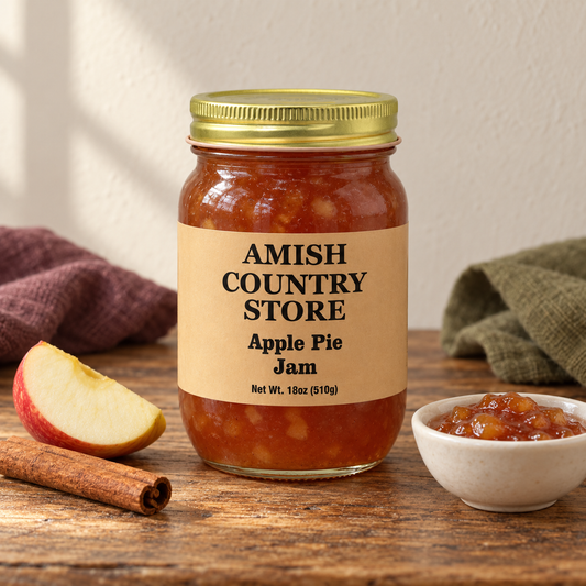 Amish Country Store Apple Pie Jam 18oz (510g) with its prepared contents.