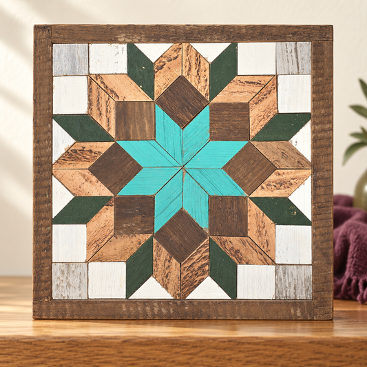 Green and turquoise 10.5-inch barn quilt with original wood mosaic pattern.