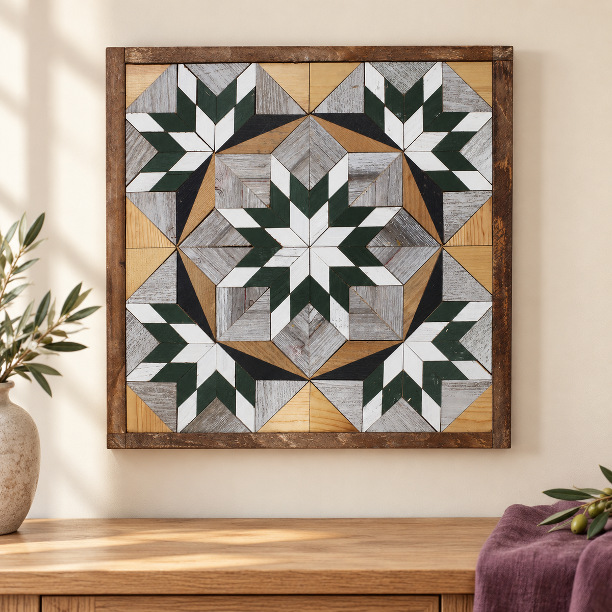 Green and white 20.75-inch barn quilt with its original reclaimed wood star pattern.