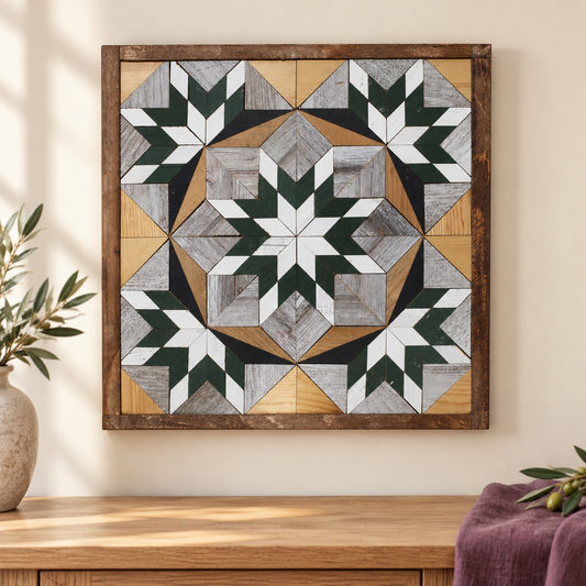 Green and white 20.75-inch barn quilt with its original reclaimed wood star pattern.