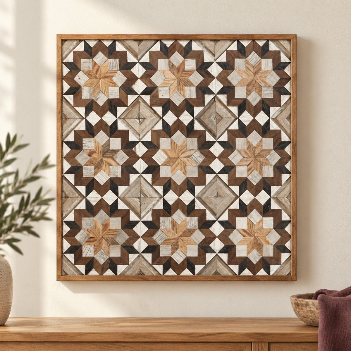 Neutral-design 30.5-inch barn quilt with nine wood-tone star blocks.