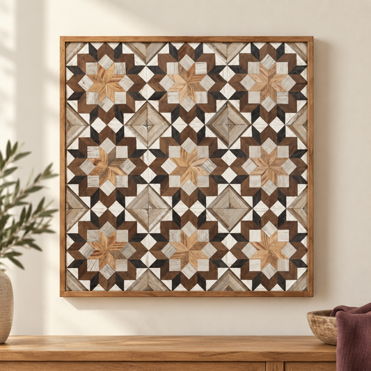 Neutral-design 30.5-inch barn quilt with nine wood-tone star blocks.