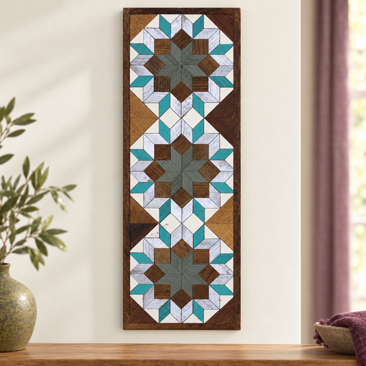 Sage green and silver barn quilt banner with three stacked star designs.