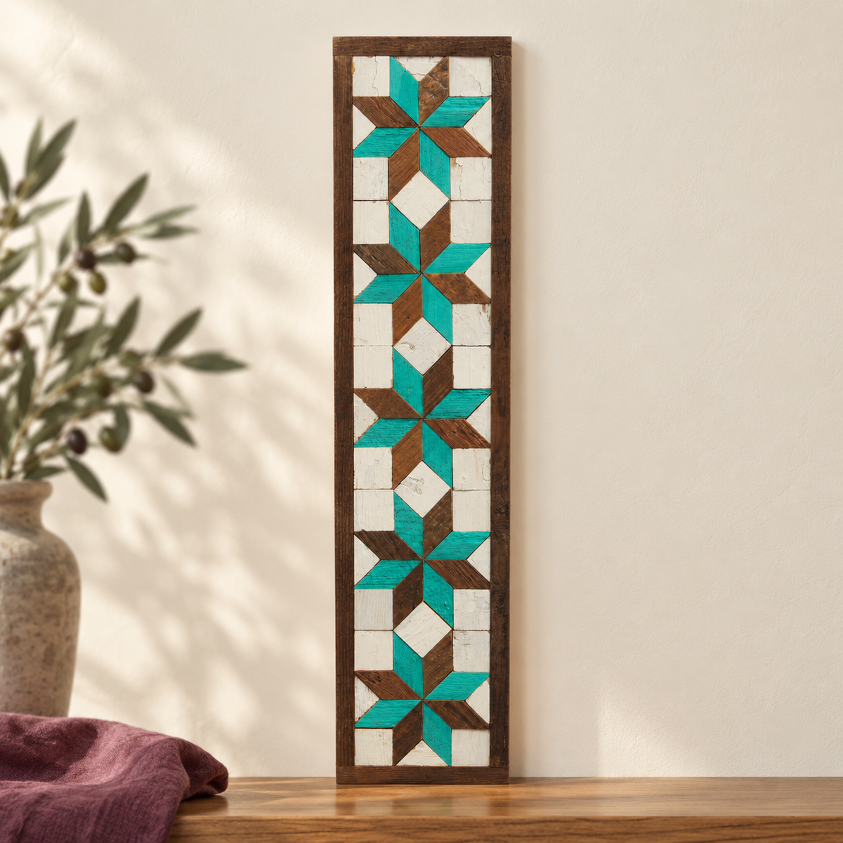 Amish-made five-star barn quilt, turquoise and brown design, 6 by25.5 inches.