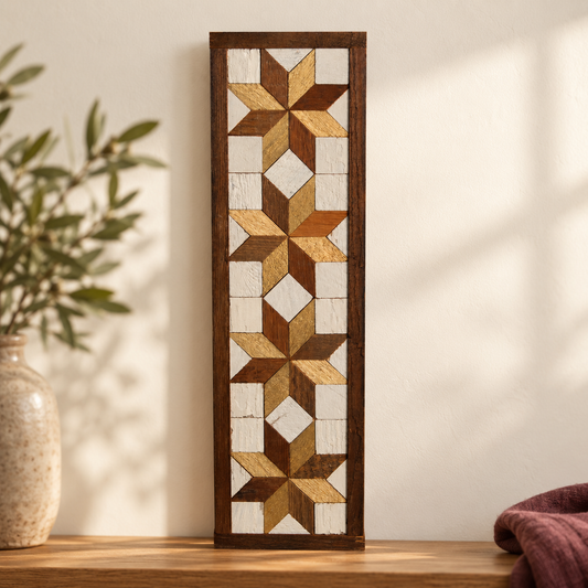 Amish-made four-star barn quilt, gold and brown design, 6 by20.5 inches.
