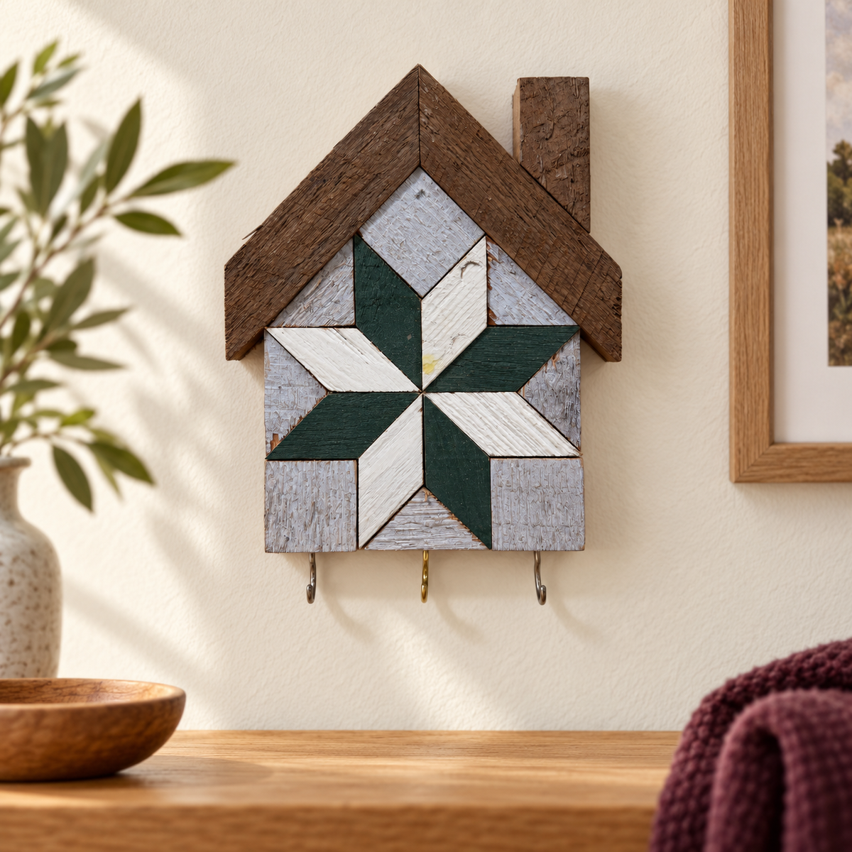 KH-01 Green and White Amish barn quilt house key holder with three hooks in a warm entryway.