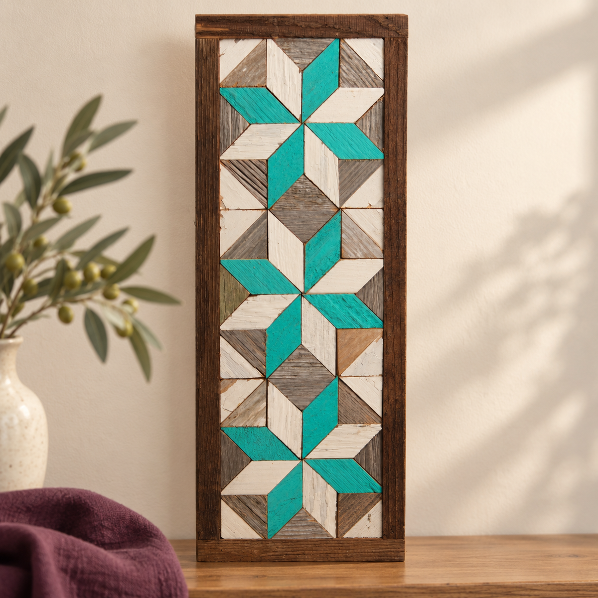 Amish-made three-star barn quilt, turquoise and white design, 6 by15.5 inches.