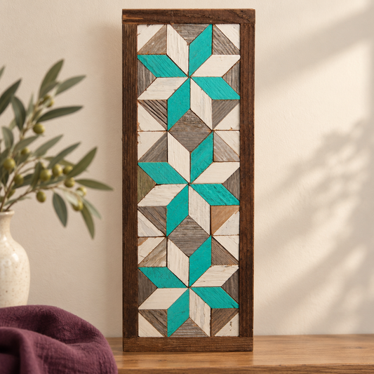 Amish-made three-star barn quilt, turquoise and white design, 6 by15.5 inches.