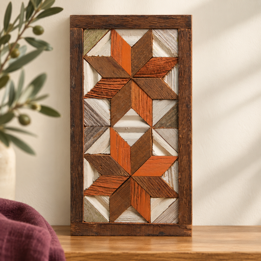 Amish-made two-star barn quilt, orange and brown design, 6 by10.75 inches.