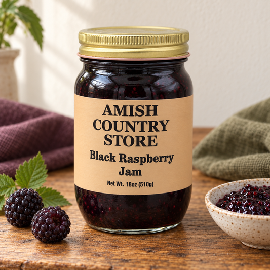 Amish Country Store Black Raspberry Jam 18oz (510g) with its prepared contents.