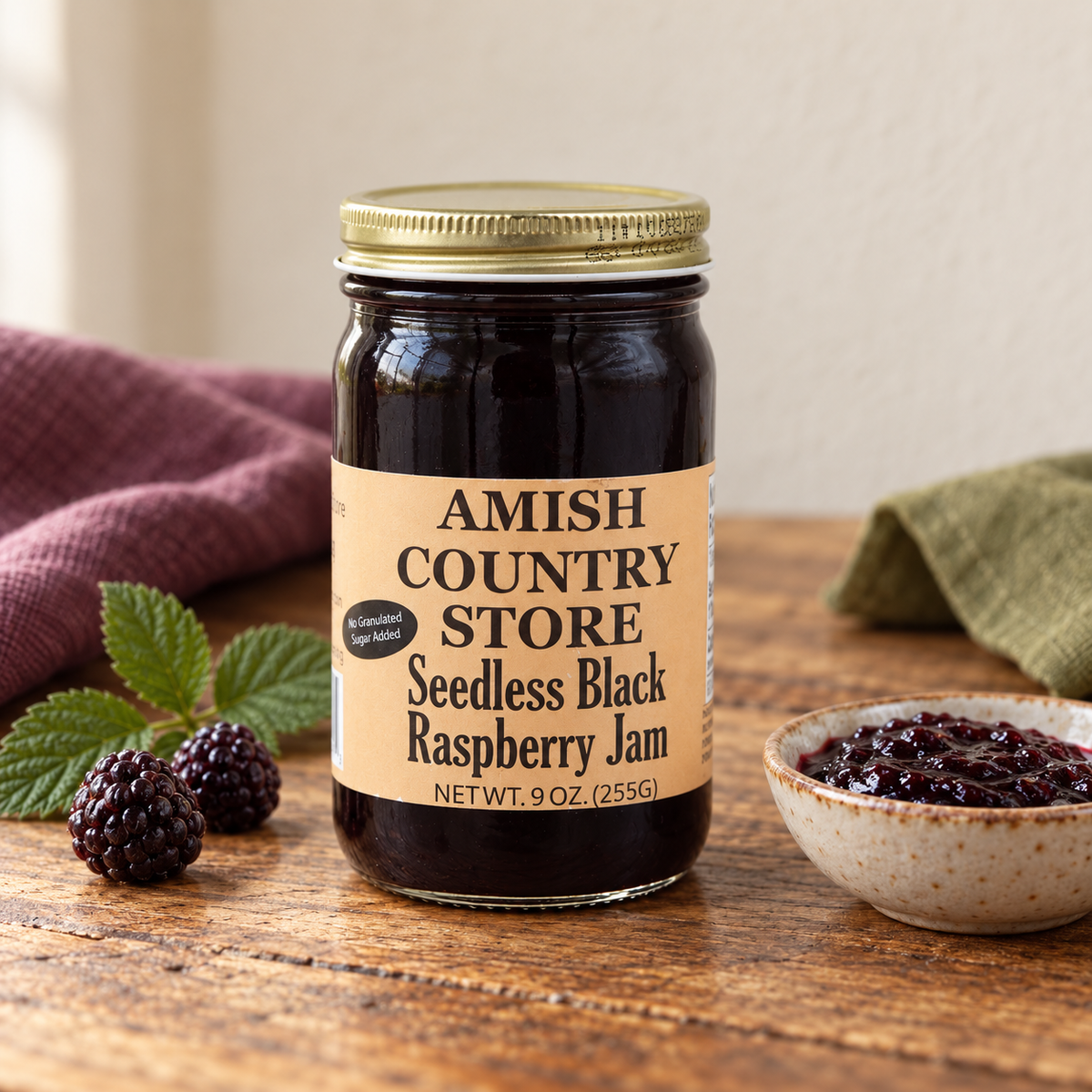 Amish Country Store Seedless Black Raspberry Jam 9 OZ. (255G) with its prepared contents.