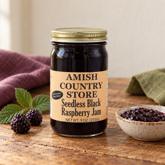 Amish Country Store Seedless Black Raspberry Jam 9 OZ. (255G) with its prepared contents.