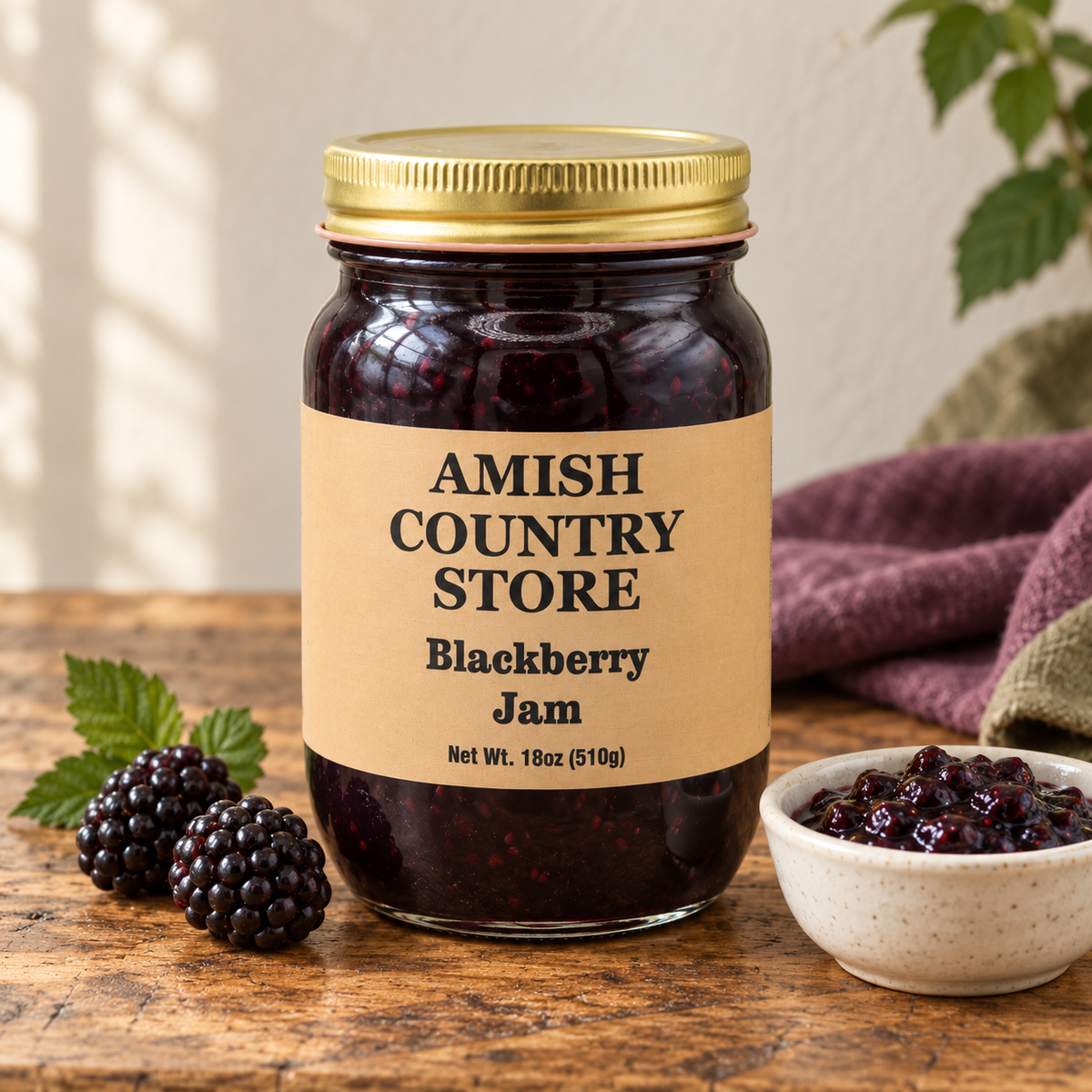 Amish Country Store Blackberry Jam 18 oz (510g) with a serving of its contents.