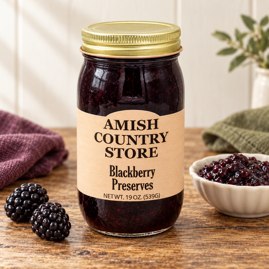 Amish Country Store Blackberry Preserves 19 oz (539g) with a serving of its contents.