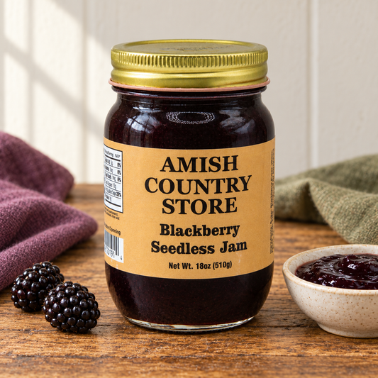 Amish Country Store Blackberry Seedless Jam 18 oz (510g) with a serving of its contents.