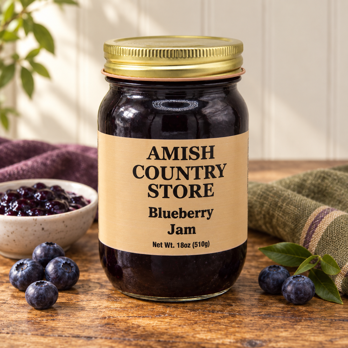Amish Country Store Blueberry Jam 18 oz (510g) with a serving of its contents.