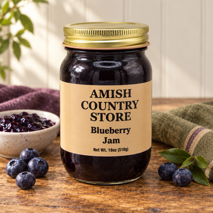 Amish Country Store Blueberry Jam 18 oz (510g) with a serving of its contents.