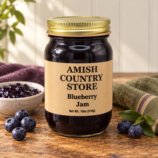 Amish Country Store Blueberry Jam 18 oz (510g) with a serving of its contents.