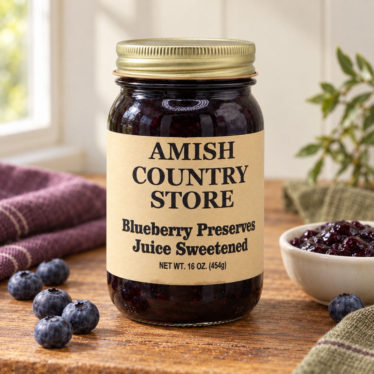 Amish Country Store Blueberry Preserves Juice Sweetened 16 oz (454g) with a serving of its contents.